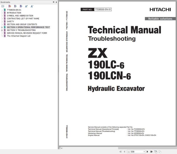 Hitachi Hydraulic Excavator ZX190LC 6 ZX190LCN 6 Technical Manual