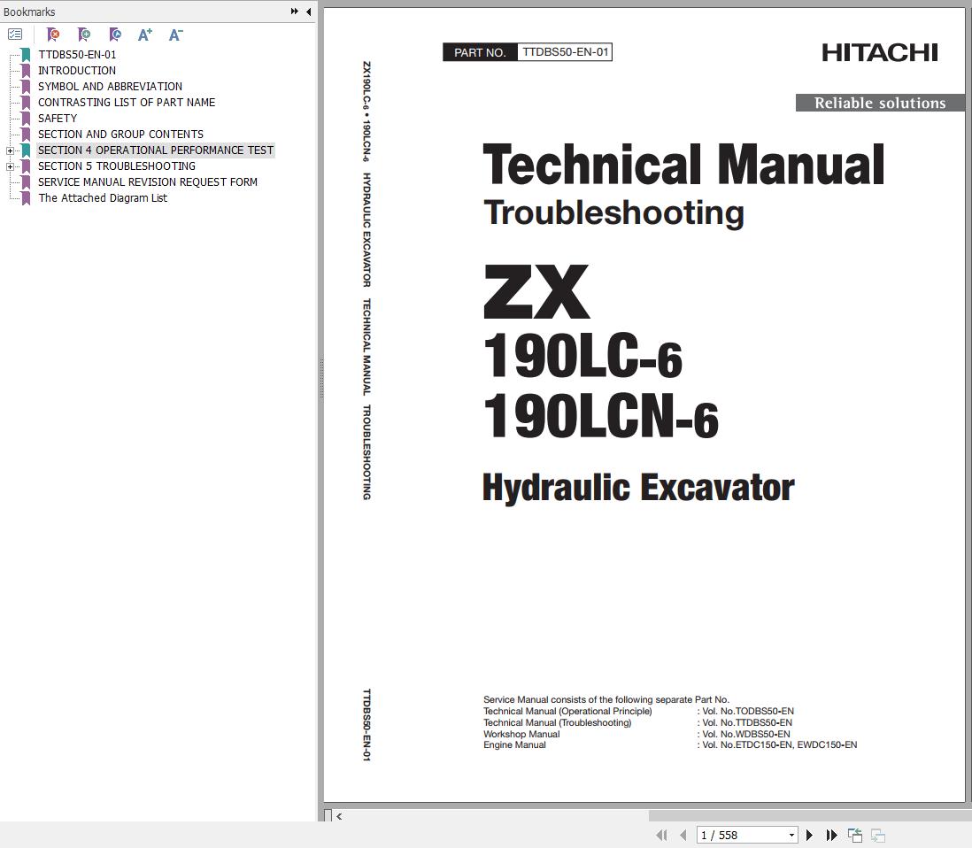 Hitachi Hydraulic Excavator ZX190LC 6 ZX190LCN 6 Technical Manual