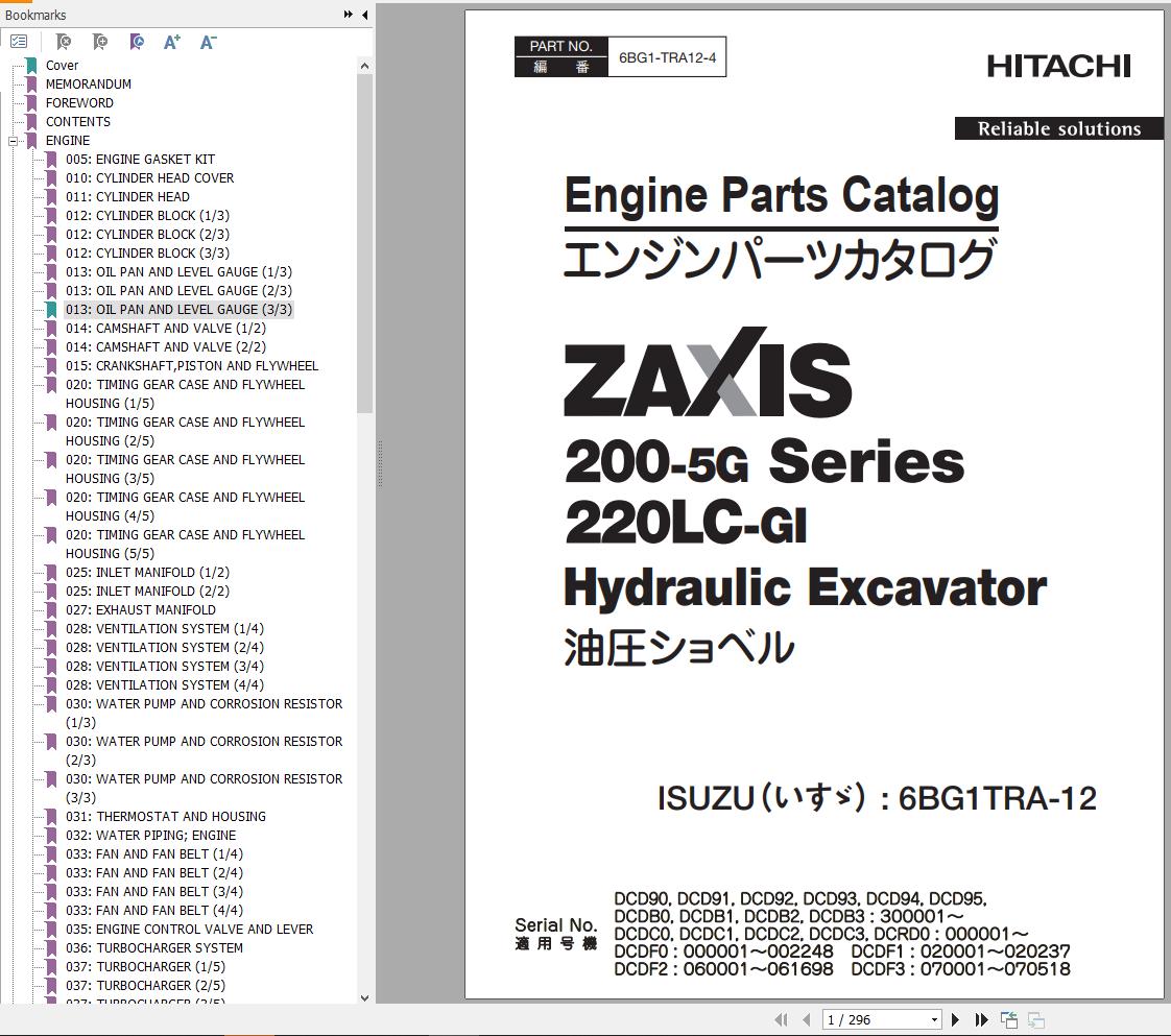Hitachi Hydraulic Excavator ZX200 5G Series ZX220LC GI Engine Parts Catalog EN JP