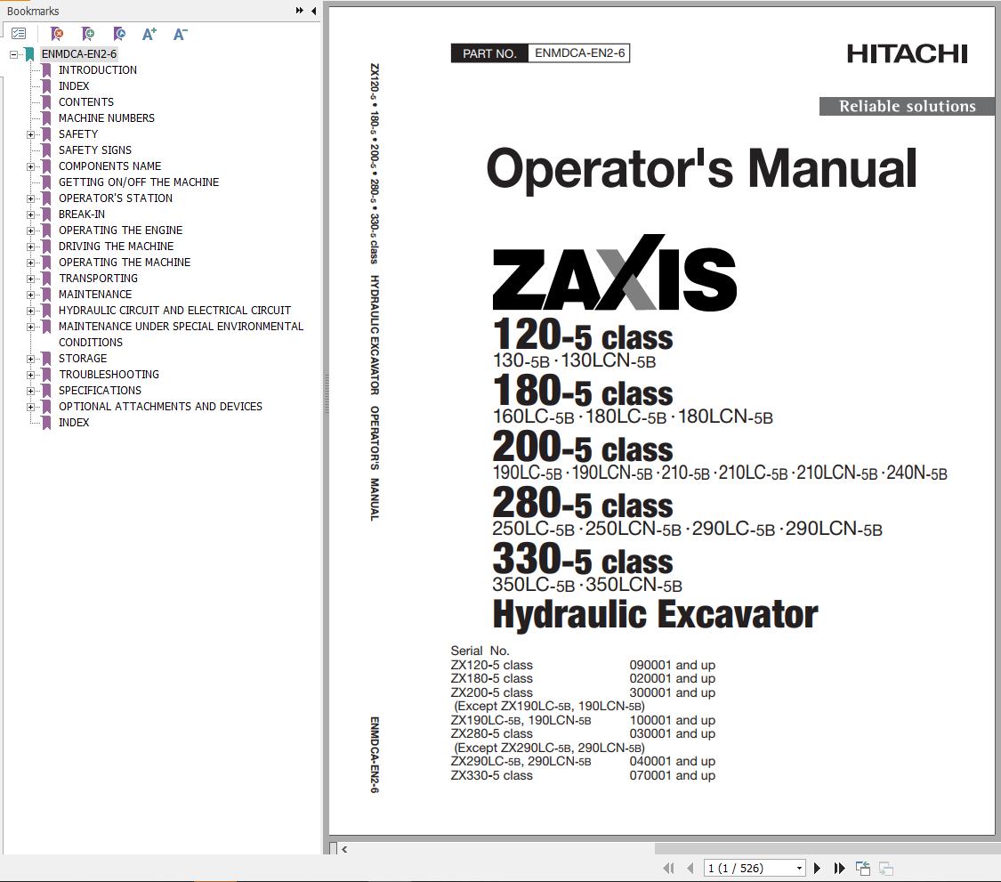 Hitachi Hydraulic Excavator ZX210 5B ZX210LC 5B ZX210LCN 5B Operators Manual