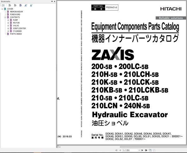 Hitachi Hydraulic Excavator ZX210 5B ZX210LC 5B ZX210LCN 5B Parts Catalog EN JP