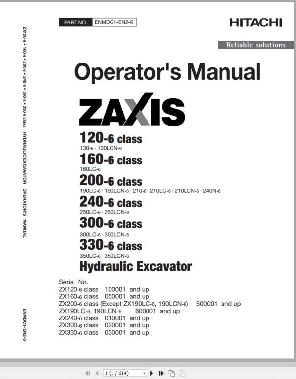 Hitachi Hydraulic Excavator ZX210 6 ZX210LC 6 ZX210LCN 6 ZX240N 6 Operators Manual