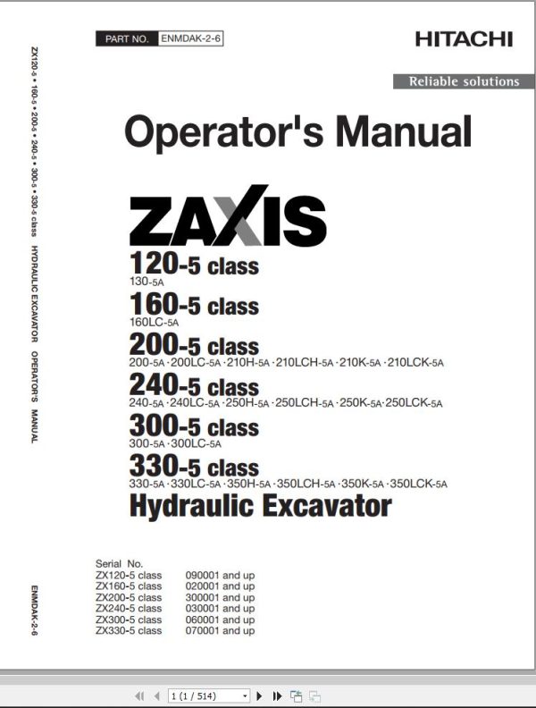 Hitachi Hydraulic Excavator ZX210H 5A ZX210LCH 5A ZX210K 5A ZX210LCK 5A Operators Manual