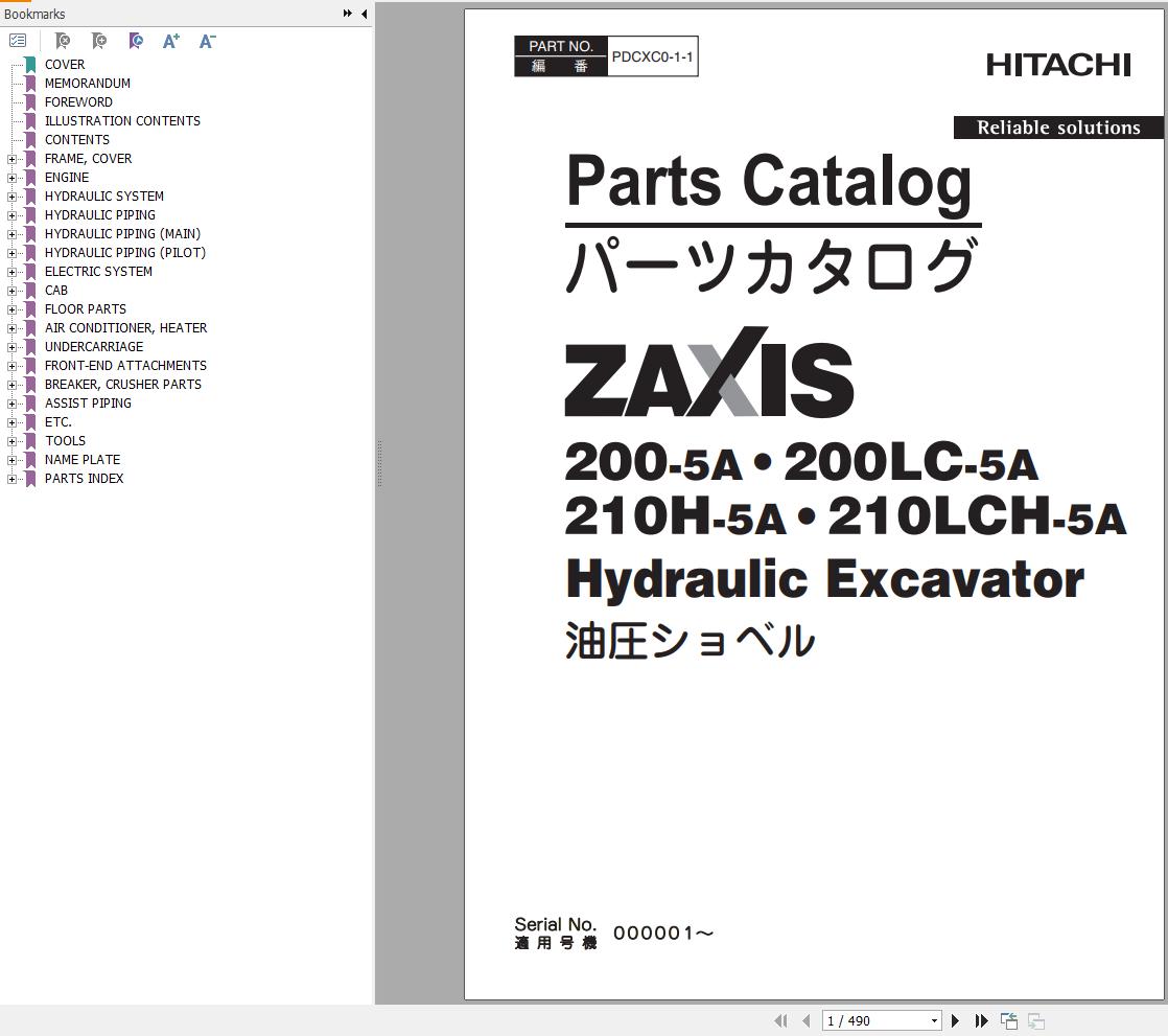 Hitachi Hydraulic Excavator ZX210H 5A ZX210LCH 5A ZX210K 5A ZX210LCK 5A Parts Catalog