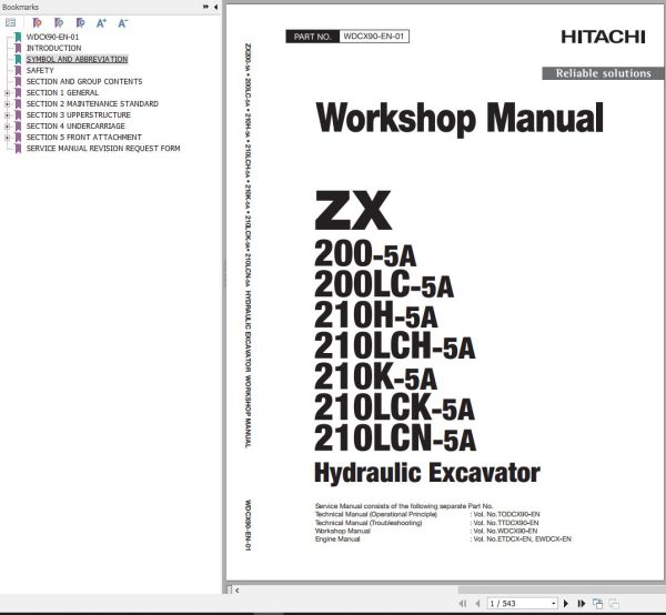 Hitachi Hydraulic Excavator ZX210H 5A ZX210LCH 5A ZX210K 5A ZX210LCK 5A Workshop Manual