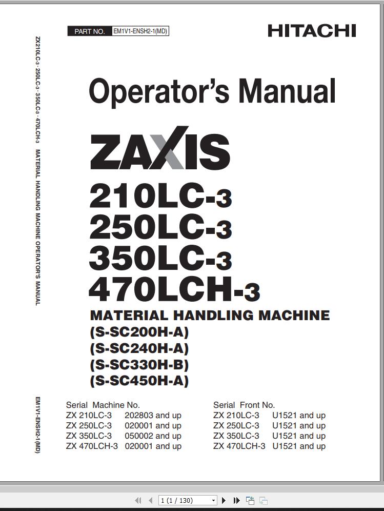 Hitachi Hydraulic Excavator ZX210LC 3 ZX250LC 3 ZX350LC 3 ZX470LCH 3 Operators Manual 1