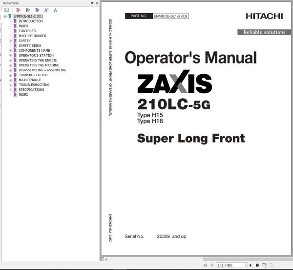 Hitachi Hydraulic Excavator ZX210LC 5G Operators Manual