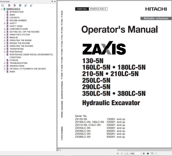 Hitachi Hydraulic Excavator ZX210LC 5N Operators Manual