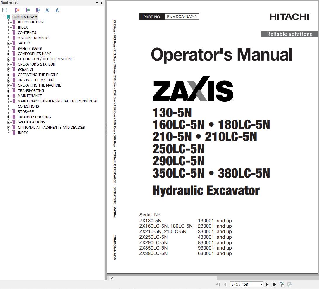 Hitachi Hydraulic Excavator ZX210LC 5N Operators Manual