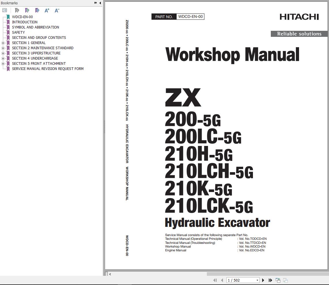 Hitachi Hydraulic Excavator ZX210LCH 5G Workshop Manual