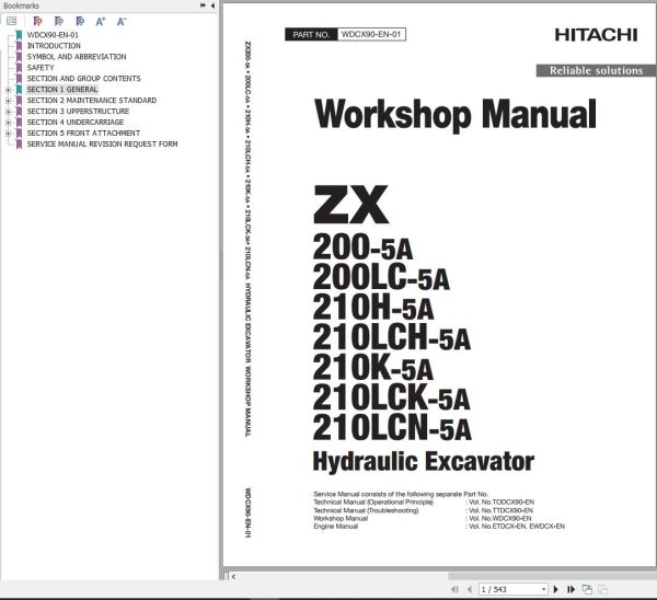 Hitachi Hydraulic Excavator ZX210LCN 5A Workshop Manual WDCX90 EN 01