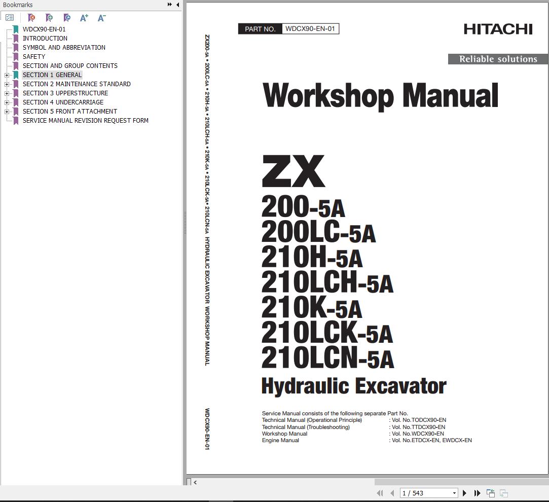 Hitachi Hydraulic Excavator ZX210LCN 5A Workshop Manual WDCX90 EN 01