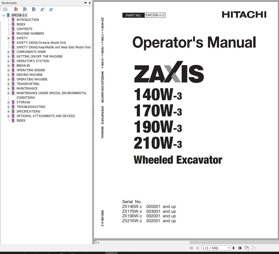Hitachi Hydraulic Excavator ZX210W 3 Operators and Maintenance Manual