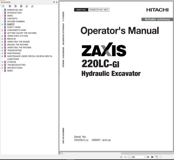Hitachi Hydraulic Excavator ZX220LC GI Operators Manual ENMDCR IN1 5EX
