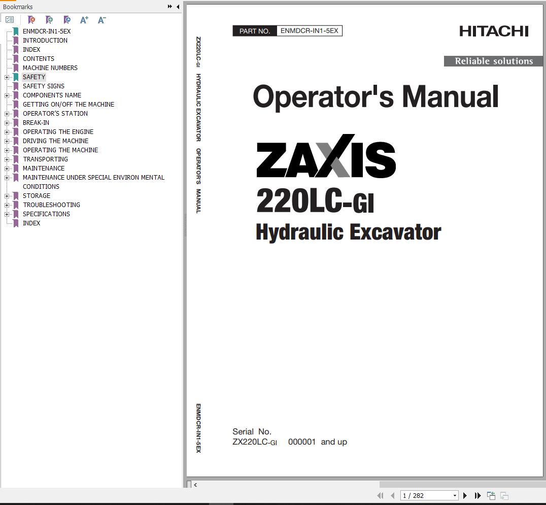 Hitachi Hydraulic Excavator ZX220LC GI Operators Manual ENMDCR IN1 5EX