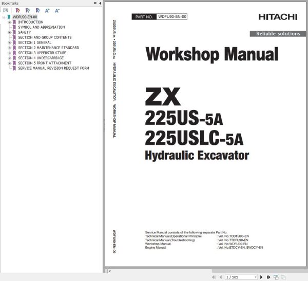 Hitachi Hydraulic Excavator ZX225US 5A ZX225USLC 5A Workshop Manual WDFU90 EN 00