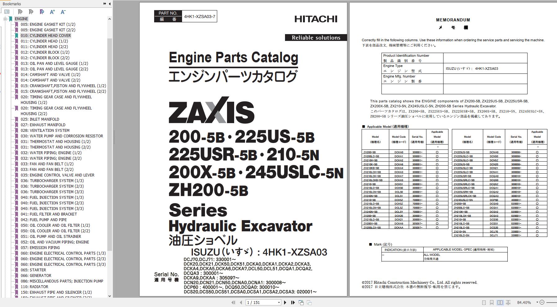 Hitachi Hydraulic Excavator ZX225US 5B ZX225USR 5B Parts Catalog EN JP