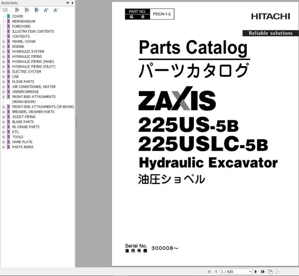 Hitachi Hydraulic Excavator ZX225USLC 5B ZX225USRLC 5B Parts Catalog EN JP