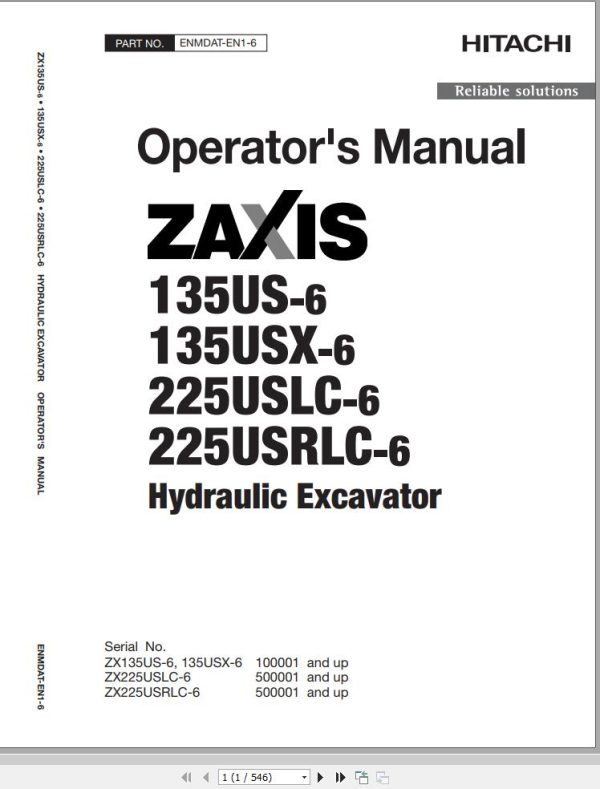 Hitachi Hydraulic Excavator ZX225USLC 6 ZX225USRLC 6 Operators Manual ENMDAT EN1 6