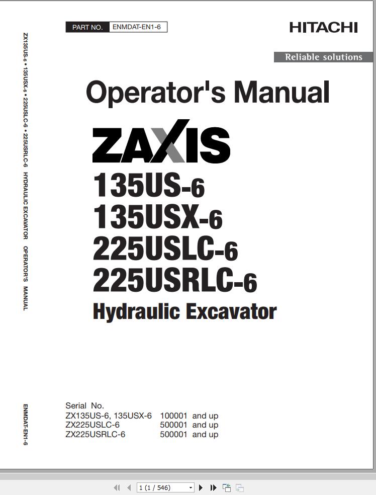 Hitachi Hydraulic Excavator ZX225USLC 6 ZX225USRLC 6 Operators Manual ENMDAT EN1 6
