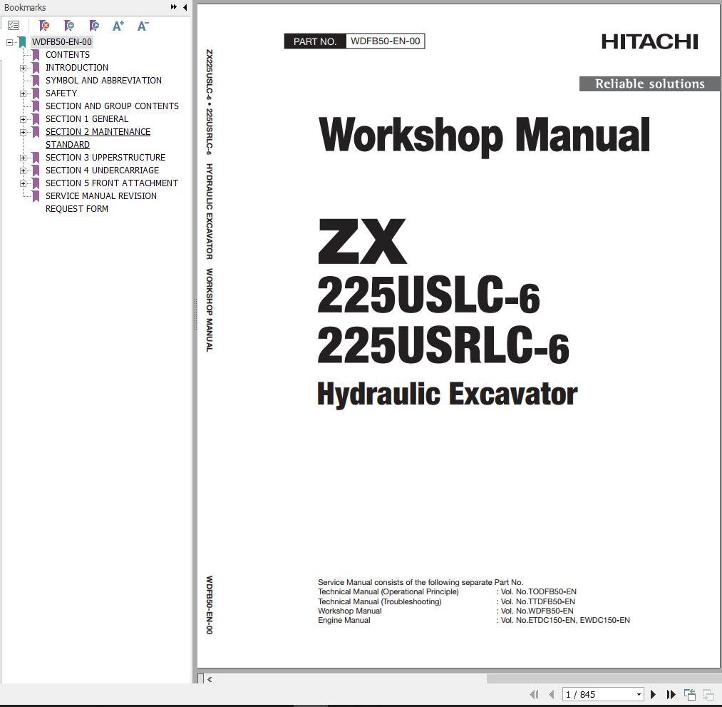 Hitachi Hydraulic Excavator ZX225USLC 6 ZX225USRLC 6 Workshop Manual