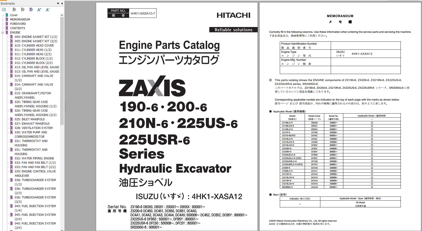 Hitachi Hydraulic Excavator ZX225USR 6 ZX225USLC 6 ZX225USRLC 6 Parts Catalog EN JP
