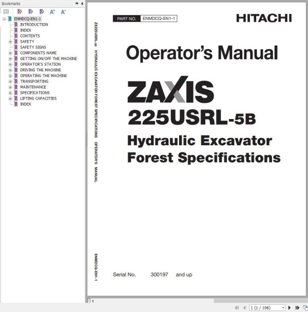Hitachi Hydraulic Excavator ZX225USRL 5B Operators Manual