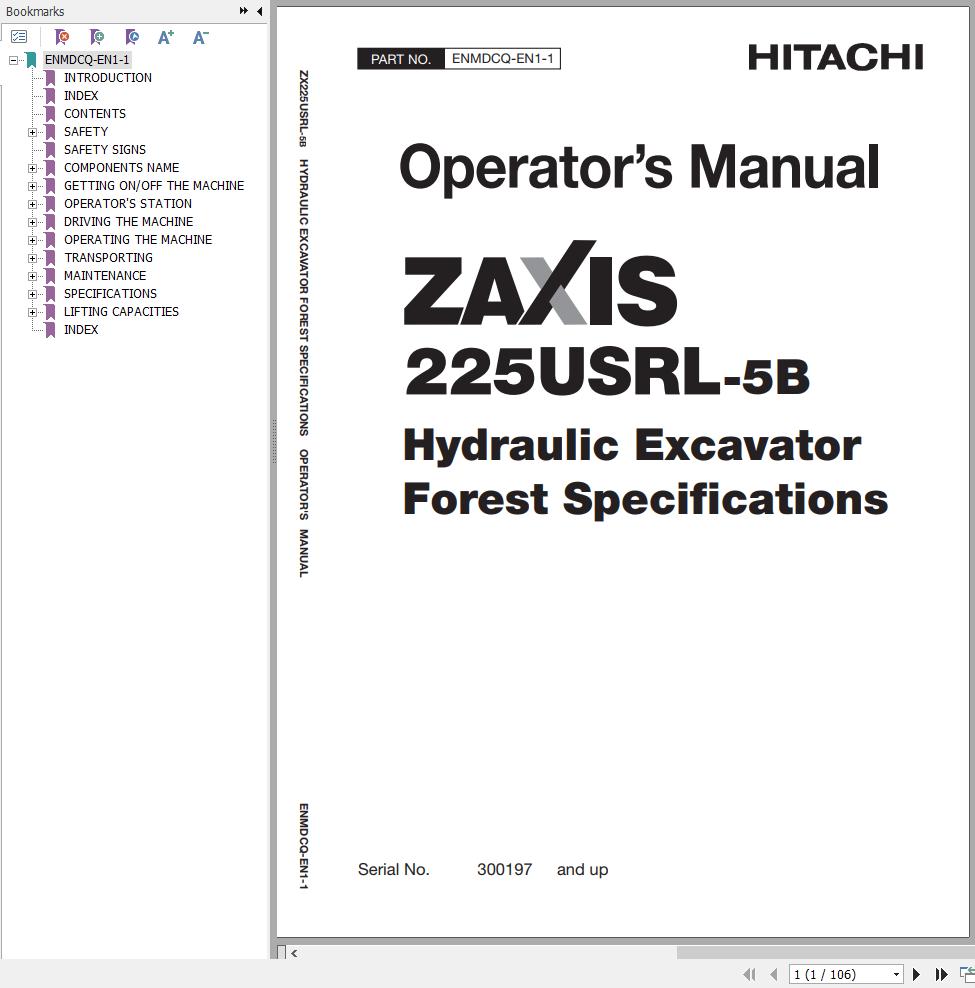 Hitachi Hydraulic Excavator ZX225USRL 5B Operators Manual