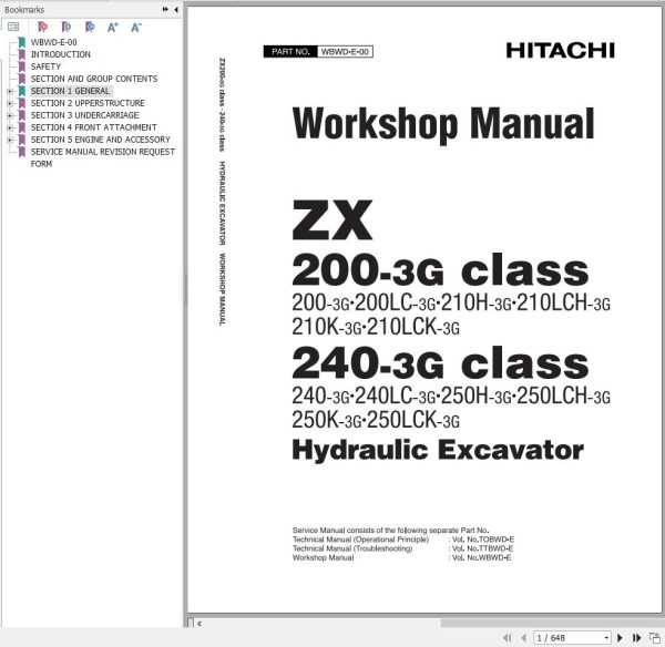 Hitachi Hydraulic Excavator ZX230 3 ZX240 3G Series Workshop Manual WBWD E 00