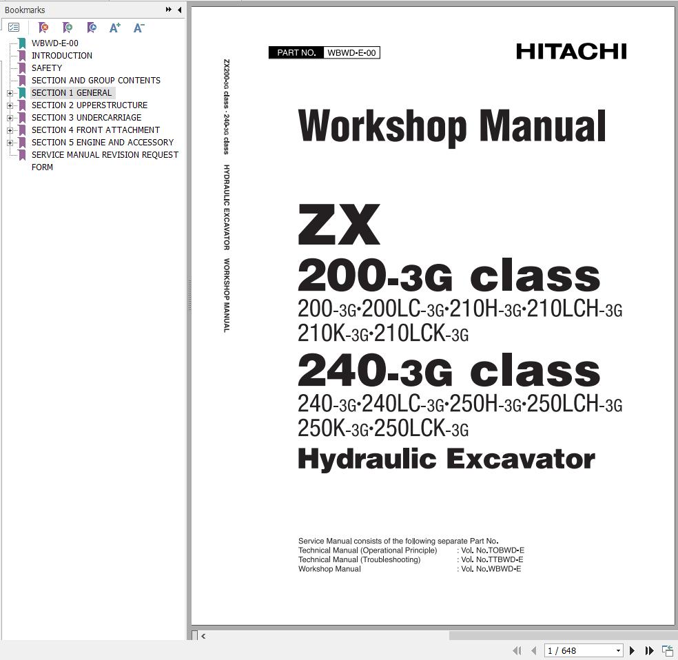 Hitachi Hydraulic Excavator ZX230 3 ZX240 3G Series Workshop Manual WBWD E 00