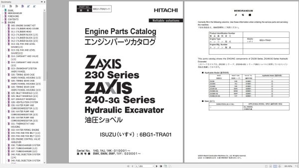 Hitachi Hydraulic Excavator ZX230 ZX240 3G Series Engine Parts Catalog 6GB1 TRA01 11 EN JP