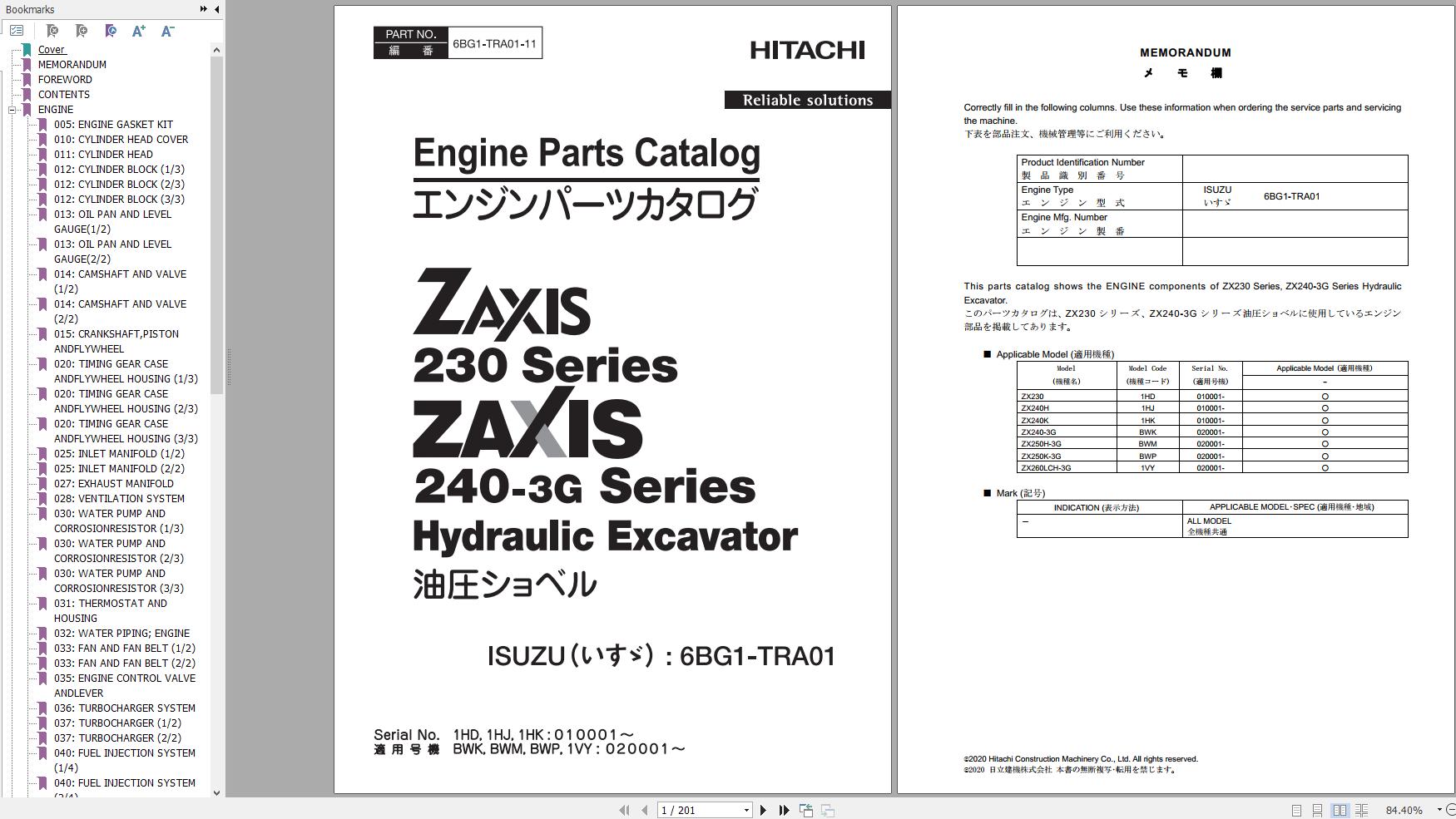 Hitachi Hydraulic Excavator ZX230 ZX240 3G Series Engine Parts Catalog 6GB1 TRA01 11 EN JP
