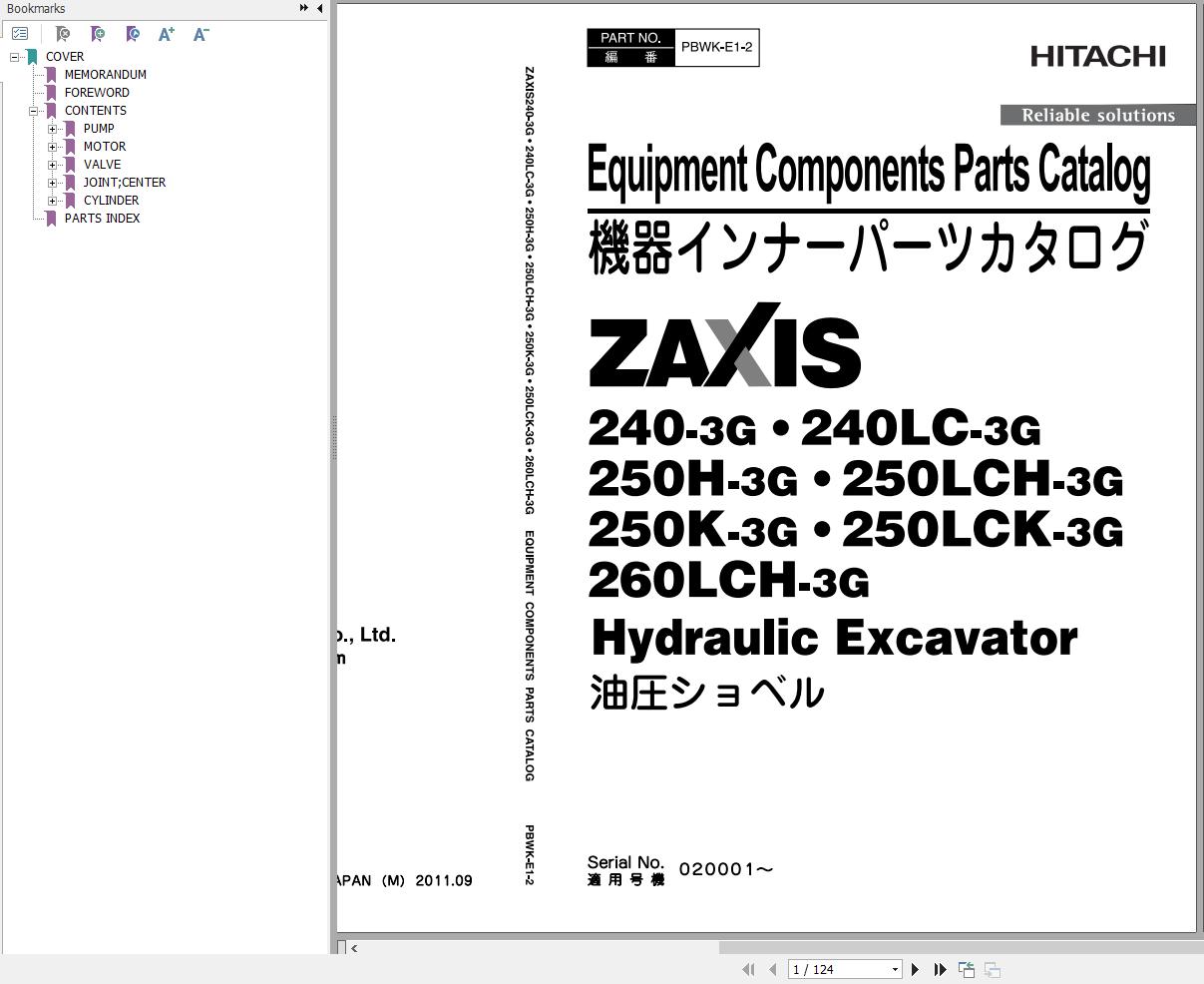 Hitachi Hydraulic Excavator ZX240 3 to ZX260LCH 3G Equipment Components Parts Catalog