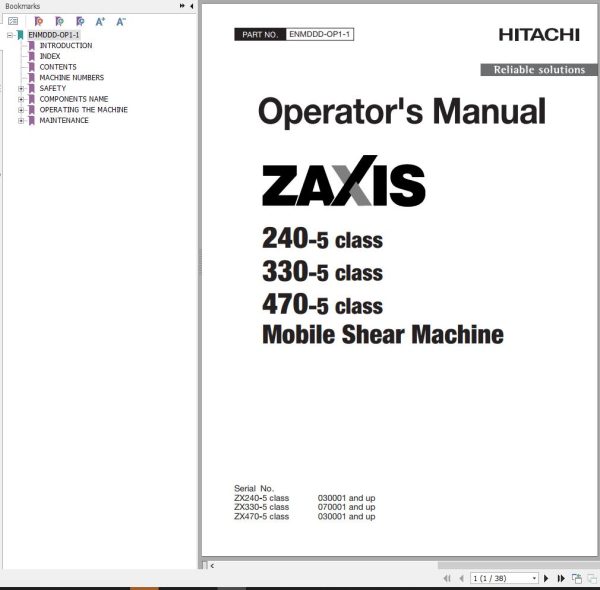 Hitachi Hydraulic Excavator ZX240 5 ZX330 5 ZX470 Class Operators Manual
