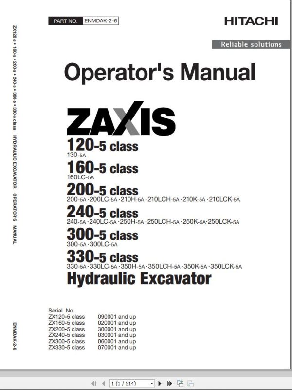 Hitachi Hydraulic Excavator ZX240 5A ZX240LC 5A Operators Manual ENMDAK 2 6