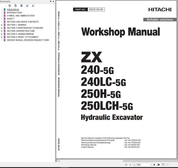 Hitachi Hydraulic Excavator ZX240 5G ZX240LC 5G Workshop Manual