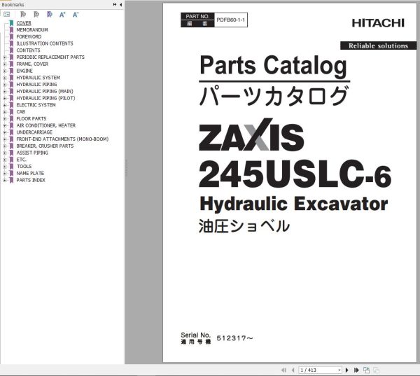 Hitachi Hydraulic Excavator ZX245USLC 6 Parts Catalog EN JP