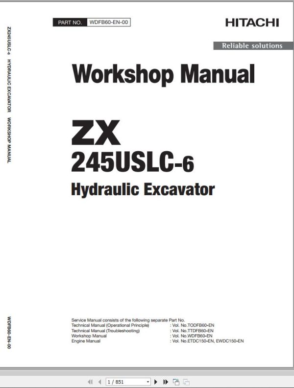 Hitachi Hydraulic Excavator ZX245USLC 6 Workshop Manual WDFB60 EN 00