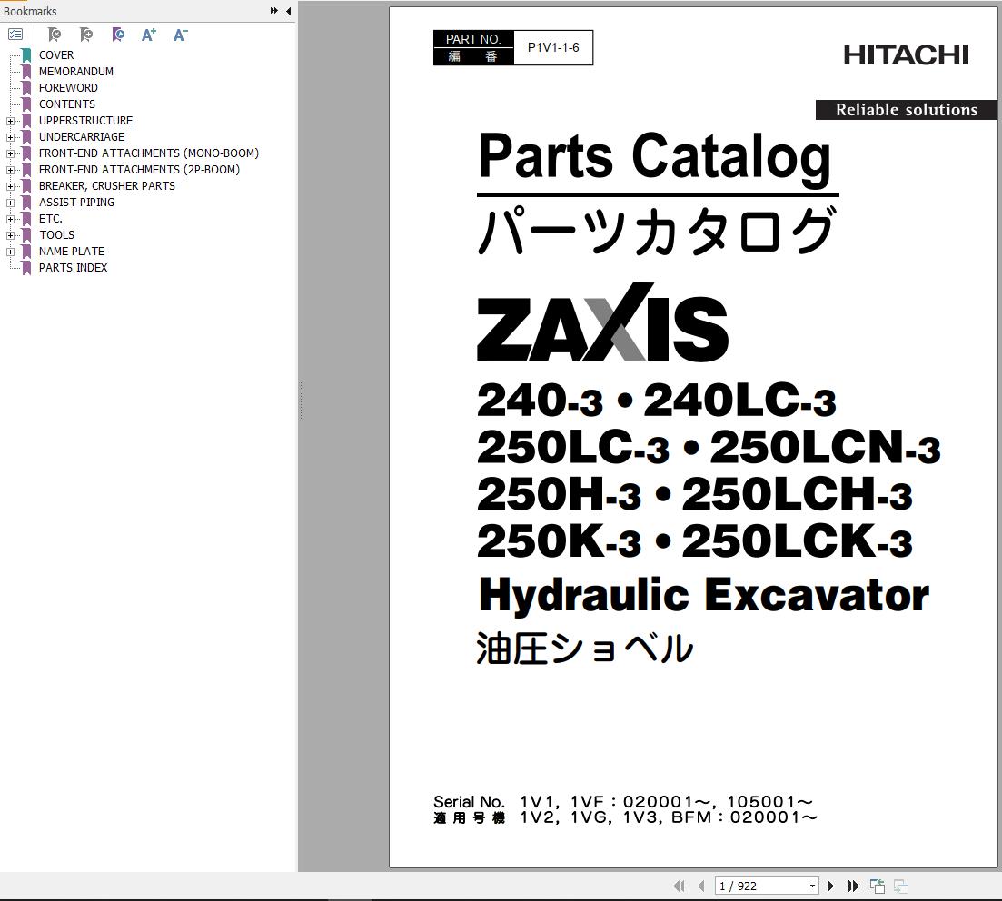 Hitachi Hydraulic Excavator ZX250H 3 Parts Catalog EN JP