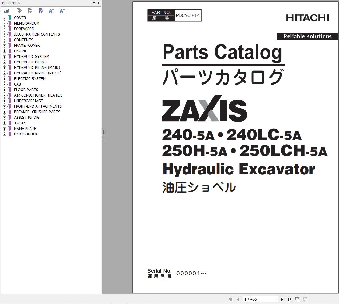 Hitachi Hydraulic Excavator ZX250H 5A ZX250LCH 5A Parts Catalog EN JP
