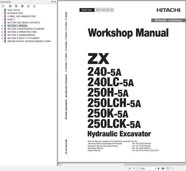 Hitachi Hydraulic Excavator ZX250H 5A ZX250LCH 5A Workshop Manual WDCY90 EN 00