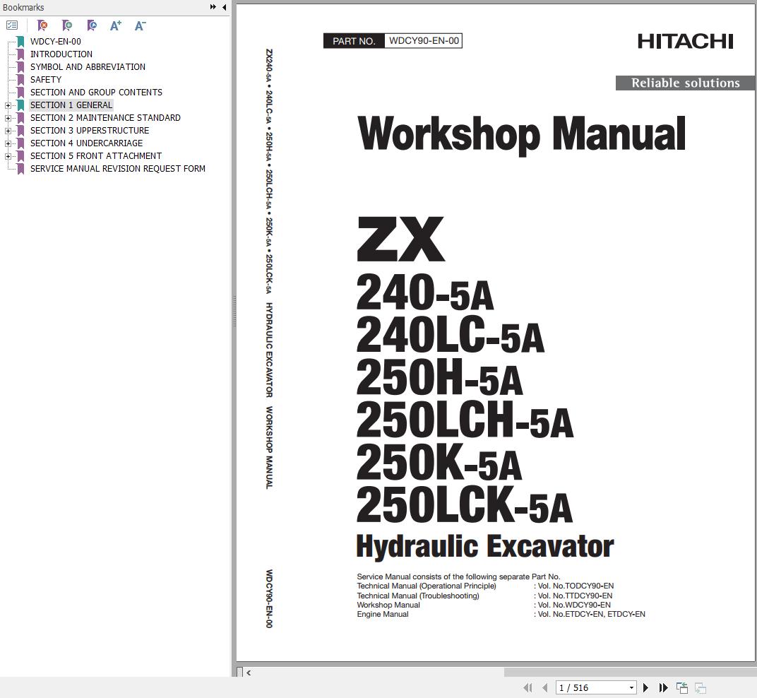 Hitachi Hydraulic Excavator ZX250H 5A ZX250LCH 5A Workshop Manual WDCY90 EN 00