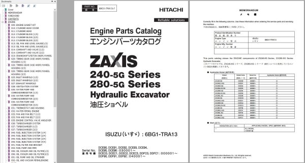 Hitachi Hydraulic Excavator ZX250H 5G ZX250LCH 5G Parts Catalog EN JP