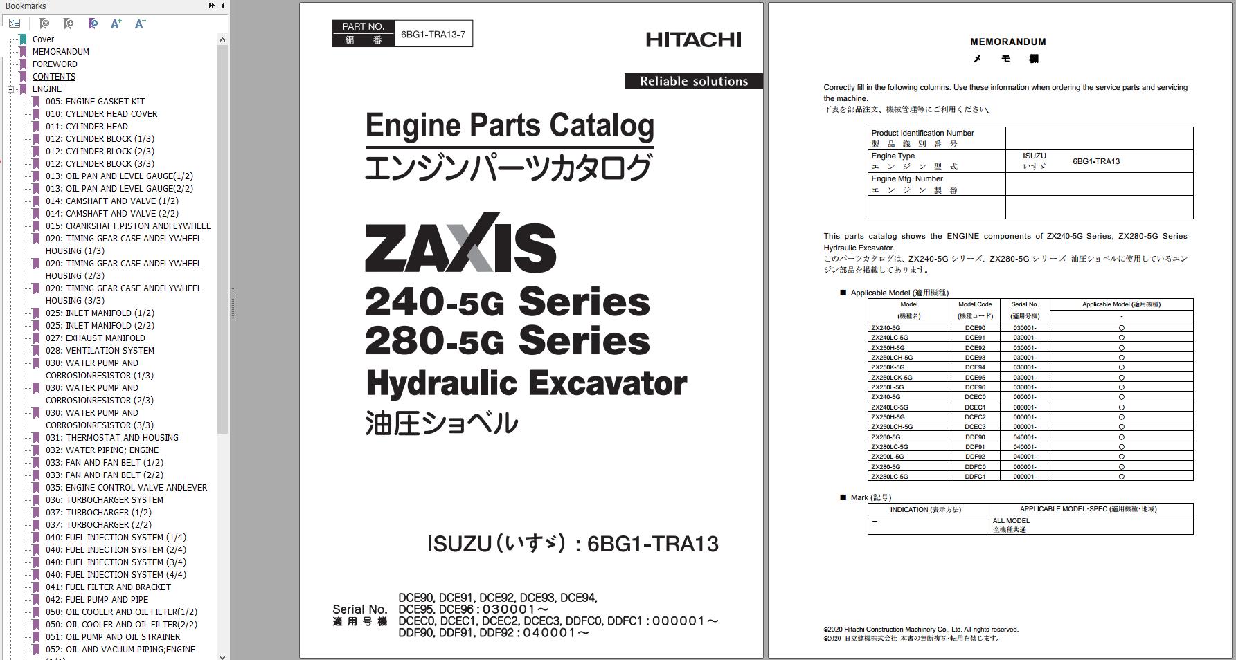 Hitachi Hydraulic Excavator ZX250H 5G ZX250LCH 5G Parts Catalog EN JP