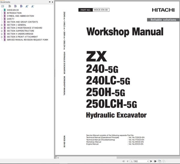 Hitachi Hydraulic Excavator ZX250H 5G ZX250LCH 5G Workshop Manual
