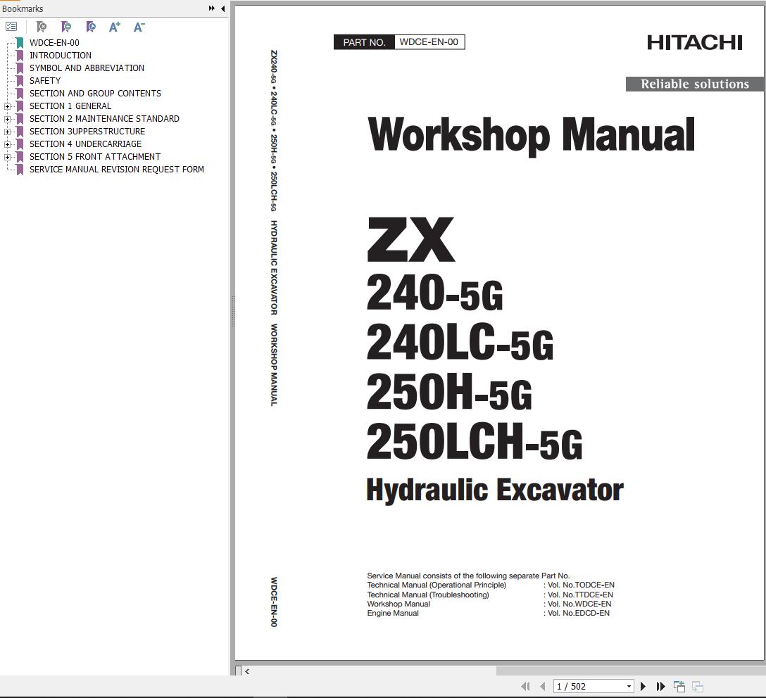 Hitachi Hydraulic Excavator ZX250H 5G ZX250LCH 5G Workshop Manual