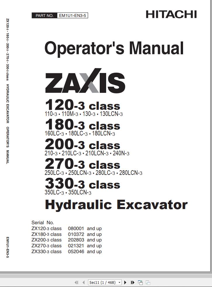 Hitachi Hydraulic Excavator ZX250LC 3 Operators Manual