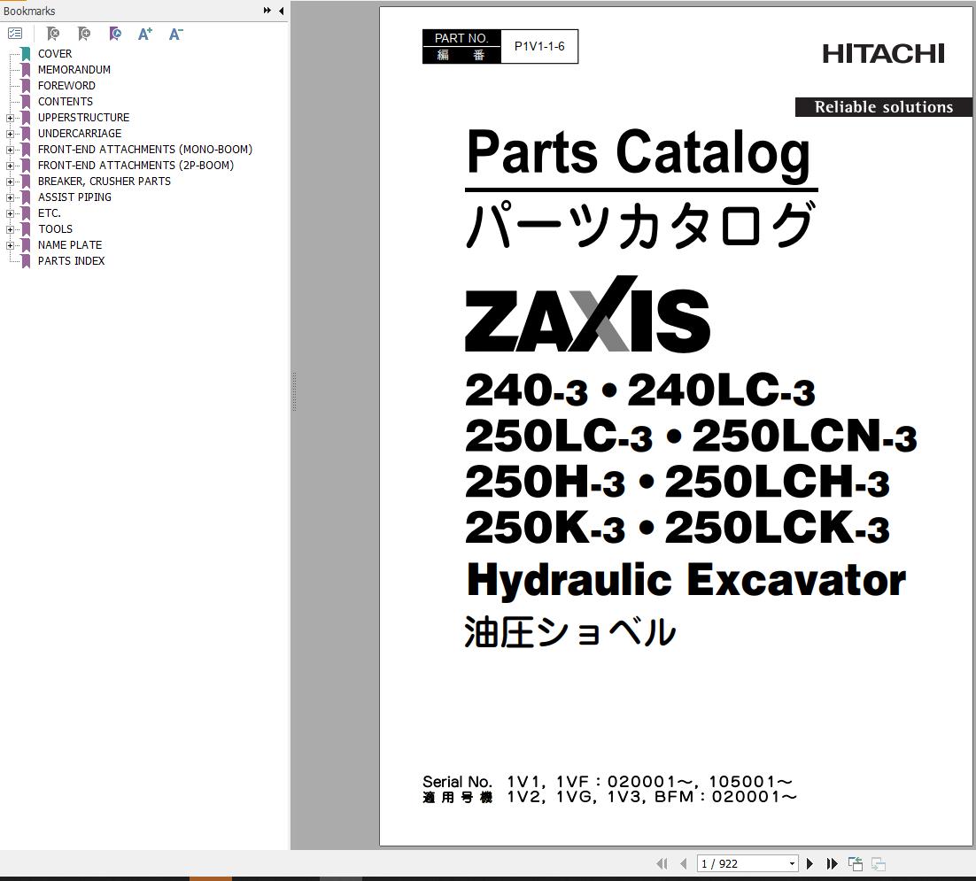 Hitachi Hydraulic Excavator ZX250LC 3 Parts Catalog EN JP