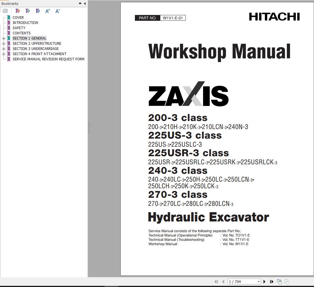 Hitachi Hydraulic Excavator ZX270 3 Workshop Manual W1V1 E 01