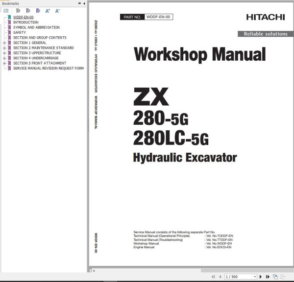 Hitachi Hydraulic Excavator ZX280 5G ZX280LC 5G Workshop Manual WDDF EN 00
